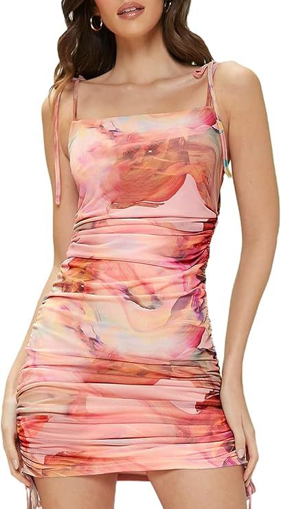SheIn Women's Tie Dye Ruched Mini Bodycon Dress Sleeveless Self Tie Short Dresses | Amazon (US)