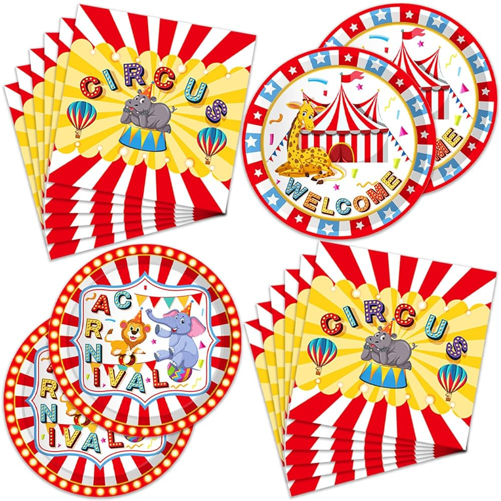 40Pcs Carnival Circus Theme Party Decorations Plates,Disposable Tableware Include Plates,Napkins ... | Amazon (US)