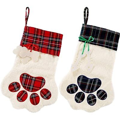 SherryDC Dog Cat Paw Christmas Stockings Set of 2, Plush & Plaid Hanging Socks for Holiday and Chris | Amazon (US)