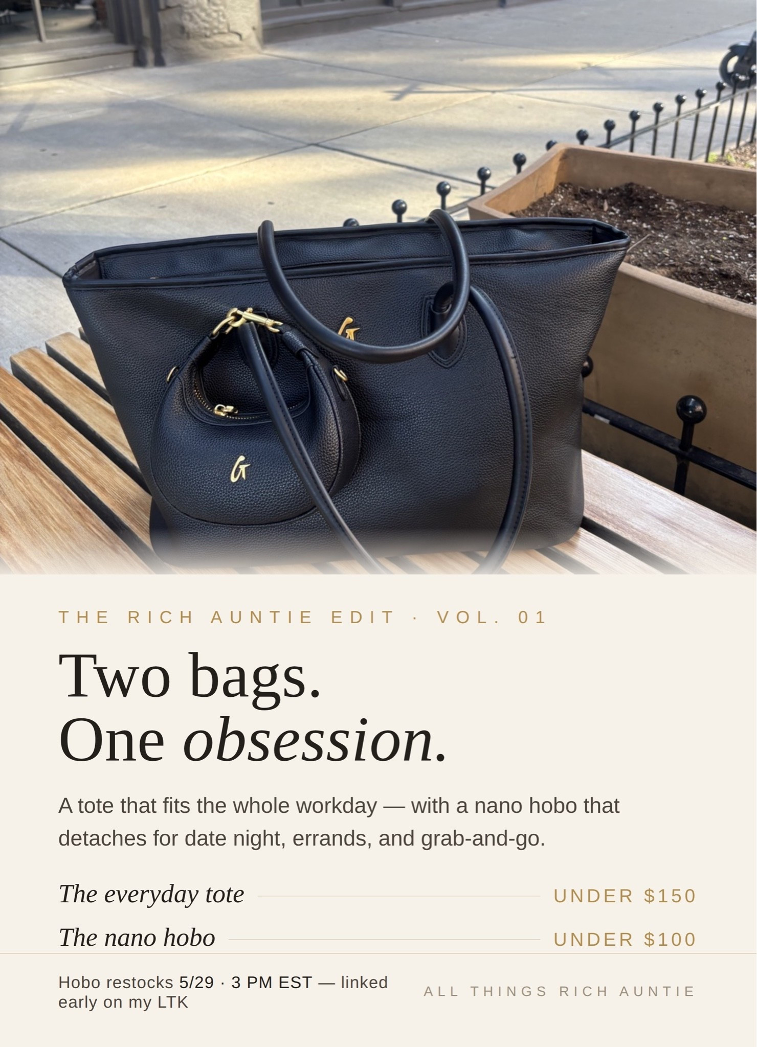 POV: you finally found the perfect bag setup for work and date night. This tote has been my everyday work bag because it fits EVERYTHING without sacrificing style — laptop, essentials, all my everyday items — and still looks cute and put together. And the nano hobo attached to it? Obsessed. It detaches for date night, quick errands, or grab-and-go when I don’t want to carry the full tote. One setup, day to night. The tote is under $150 and the nano hobo is under $100 — and the mini officially restocks 5/29 at 3 PM EST. I linked everything early so you can be ready, because these always go fast. Like this post as your reminder.