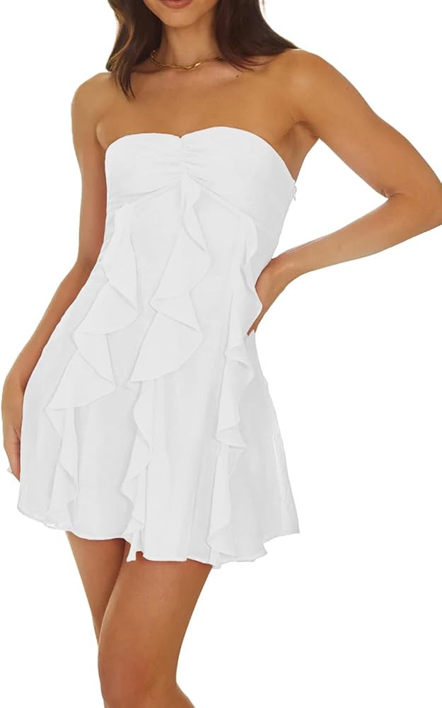 hibshaby Women Sexy Tube Top Dress Strapless Summer Ruched Basque Waist Ruffle Layer Mini Dress P... | Amazon (US)