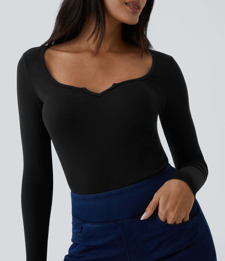 Women’s Ribbed Notched Scoop Neck Long Sleeve Slim Casual Top - Halara | HALARA