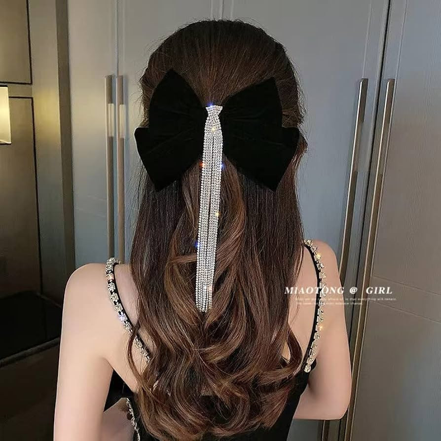 Black Large Bow Hair Clip Bow Hairpin Hair Barrette Diamond tassel Bow knot Hair Clip French Desi... | Amazon (US)