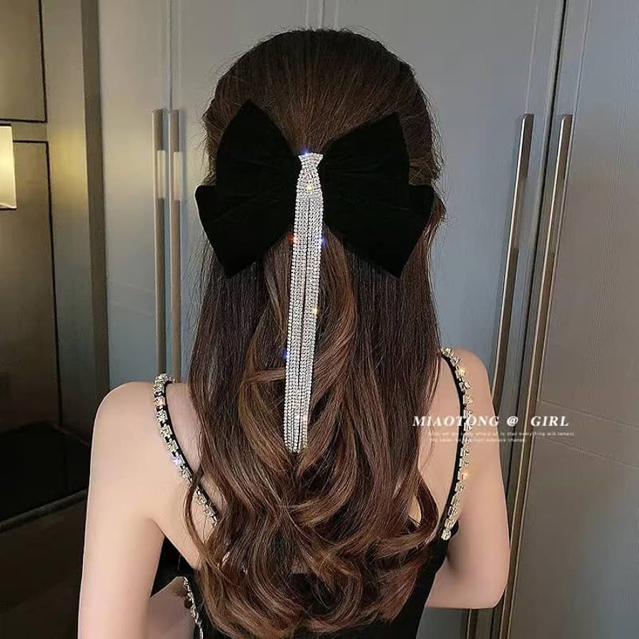 Black Large Bow Hair Clip Bow Hairpin Hair Barrette Diamond tassel Bow knot Hair Clip French Desi... | Amazon (US)