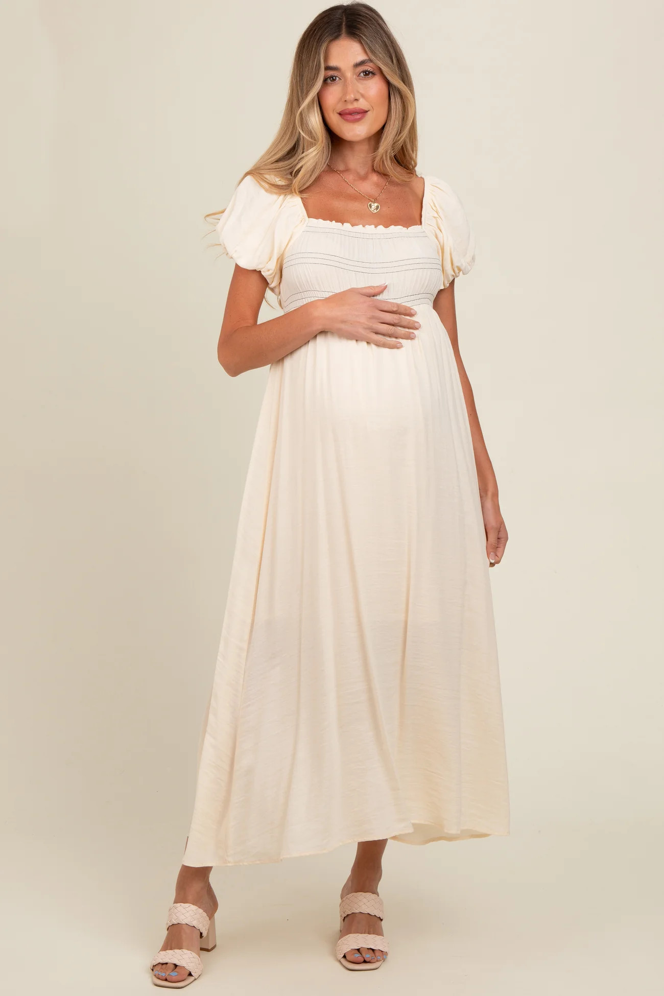 Cream Smocked Puff Sleeve Maternity Maxi Dress | PinkBlush Maternity