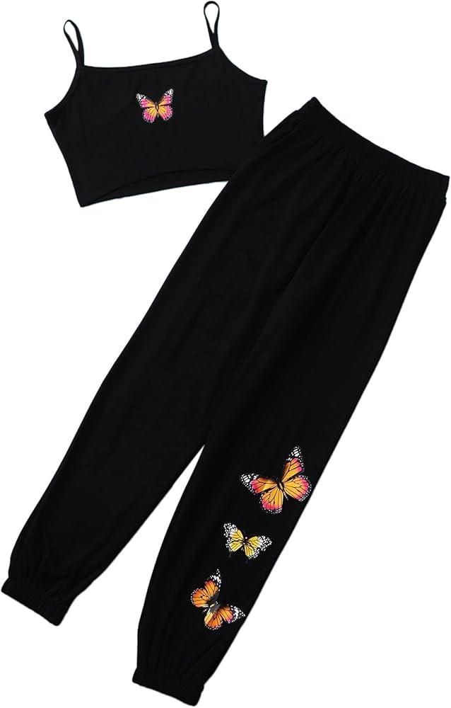 Romwe Women's 2 Piece Sweatpants Outfit Butterfly Crop Cami and Jogger Pants Set | Amazon (US)