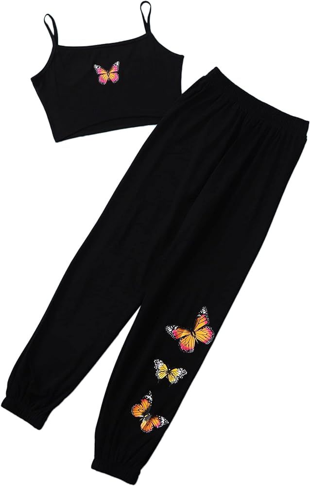 Romwe Women's 2 Piece Sweatpants Outfit Butterfly Crop Cami and Jogger Pants Set | Amazon (US)