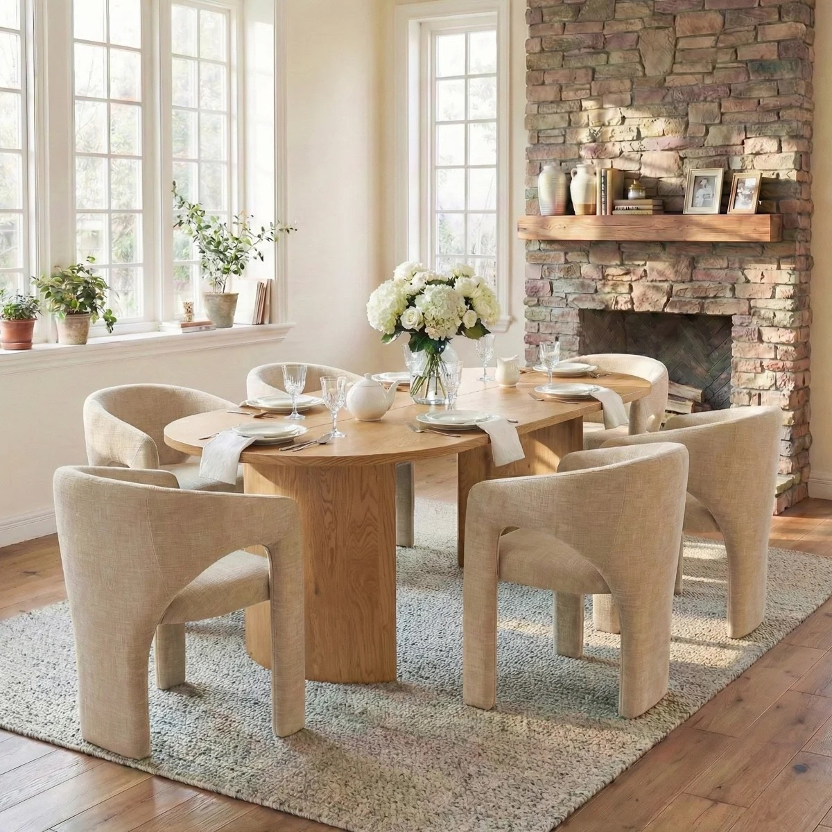 This 7-piece dining set from Wayfair is such a beautiful statement for a warm, modern dining room. I love the 79-inch oak-look oval pedestal table paired with six sculptural wide-seat upholstered armchairs. The neutral textured rug and oversized floral centerpiece soften the whole space and make it feel so inviting. #WayfairFinds #DiningRoom #DiningTableSet #HomeDecor