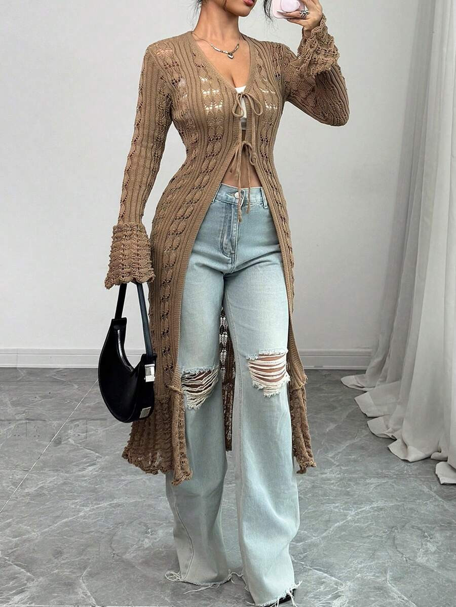 Chiquease Casual Fitted V-Neck Long Sleeve Knit Flare Cuff Long Cardigan For Women, Brown, Spring... | SHEIN