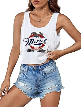 4th of July Crop Tops for Women Funny American Flag Shirts Tank Tops Outfits | Amazon (US)