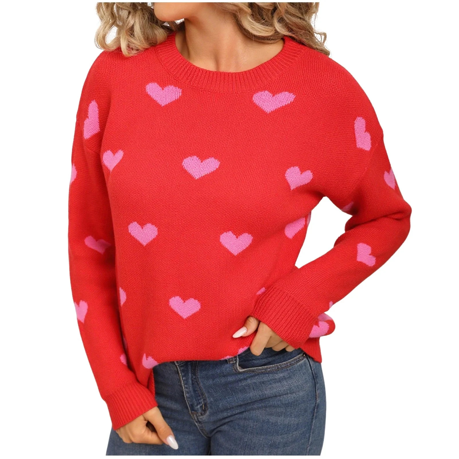 TKLPEHG Valentines Day Sweaters for Women Cute Heart Sweaters Knitted Crewneck Pullover Loose Lon... | Walmart (US)