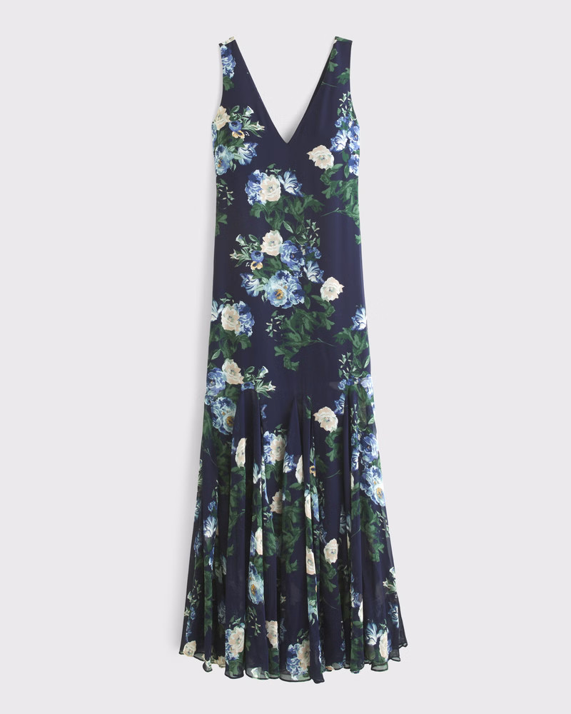Women's Plunge Godet Skirt Maxi Dress | Women's Dresses & Jumpsuits | Abercrombie.com | Abercrombie & Fitch (US)
