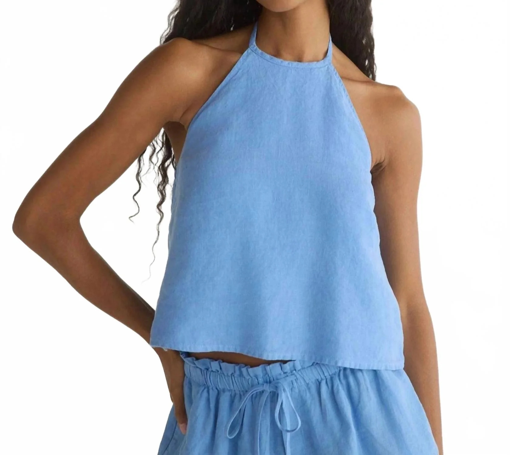 Tie Neck Halter Top In Riviera Blue | Shop Simon