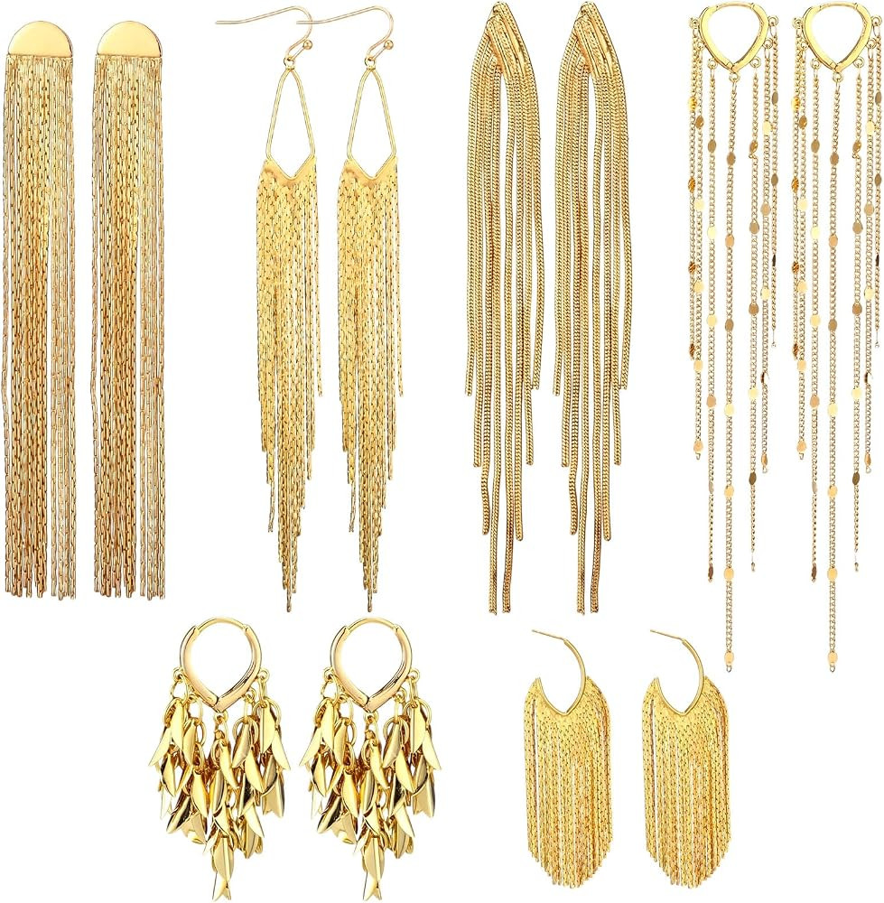 Nosiny 6 Pairs Long Tassel Dangle Earrings for Women Gold Long Chain Drop Fringe Earrings Set Hyp... | Amazon (US)