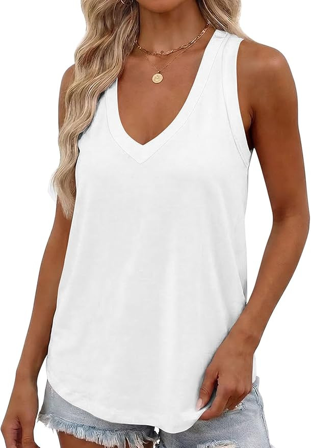 Smile Fish Women Summer Deep V Neck Tank Top Loose Fit Flowy Sleeveless Shirt | Amazon (US)