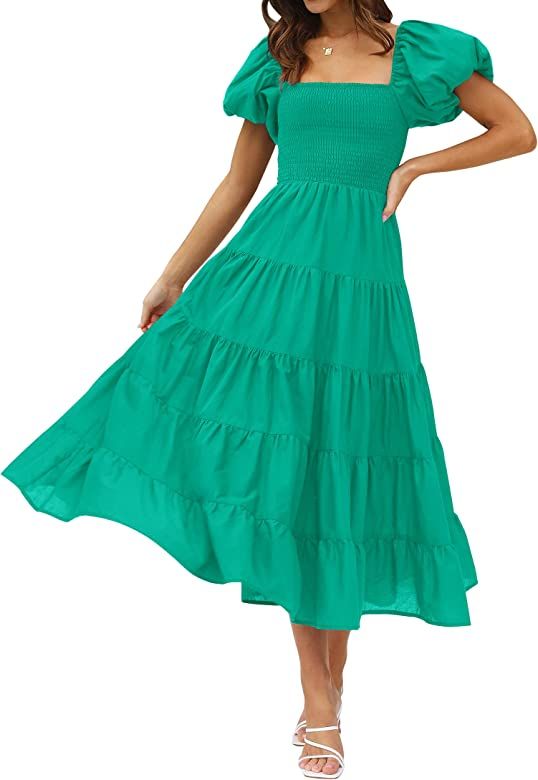 LEANI Womens 2023 Summer Square Neck A-Line Midi Dress Puff Sleeve Smocked Flowy Tiered Long Dres... | Amazon (US)