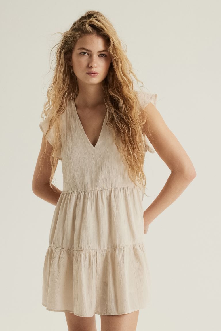 Flutter-sleeved Easy-wear Dress - V-neck - Short sleeve - Light beige - Ladies | H&M US | H&M (US + CA)