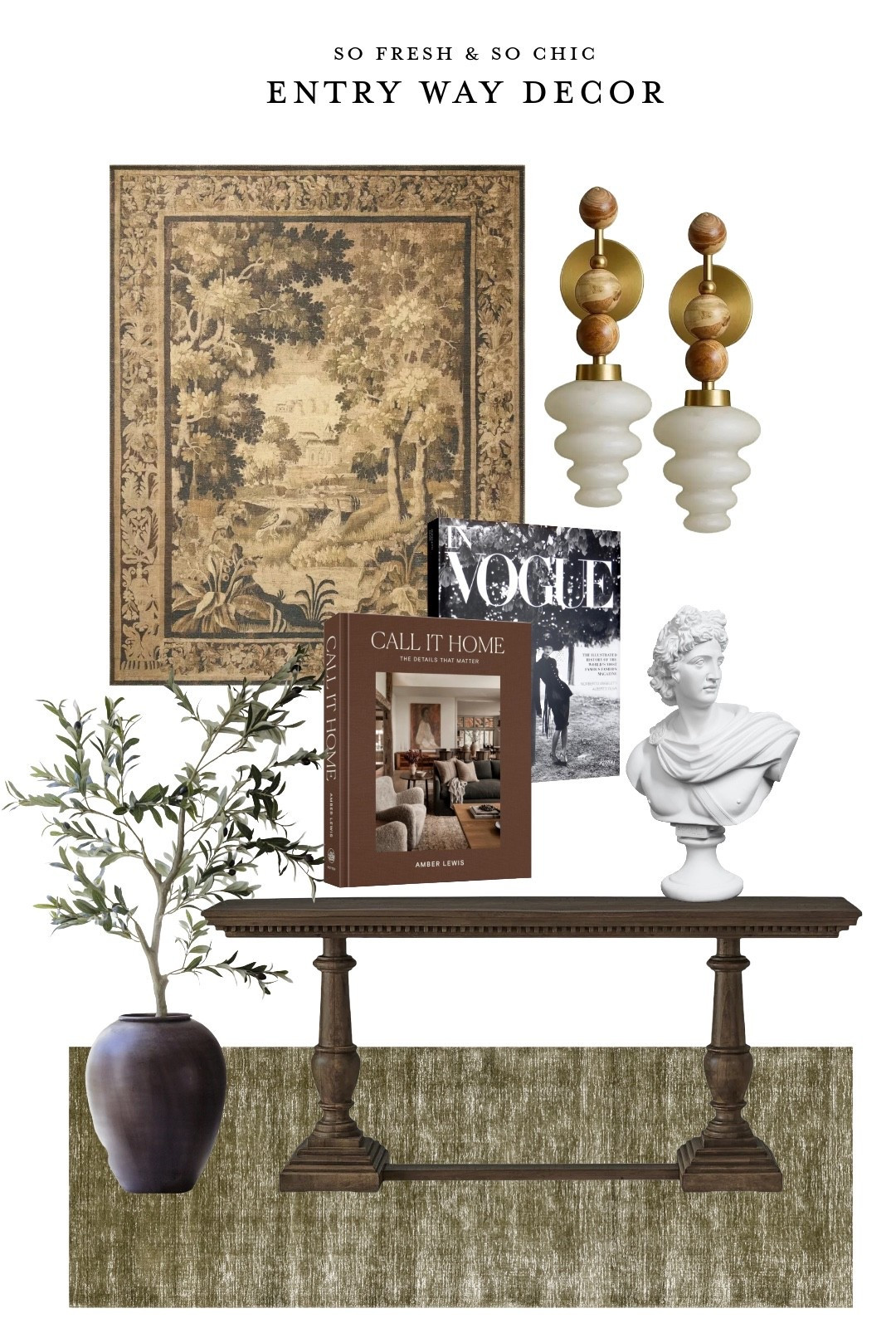 Entry way decor inspo!
-
Joon Loloi tapestry rug - neutral tapestry - neutral entryway decor - large Grecian bust - Amazon home finds - affordable home decor - bespoke large wall sconces - Etsy decor - Etsy wall sconce - Olive green rug - rugs USA sale rug - large wood console table - 70” console table wood all modern - faux olive tree afloral - coffee table books Amazon - eclectic entryway decor - holiday home decor 

#LTKSaleAlert #LTKHome #LTKFindsUnder100
