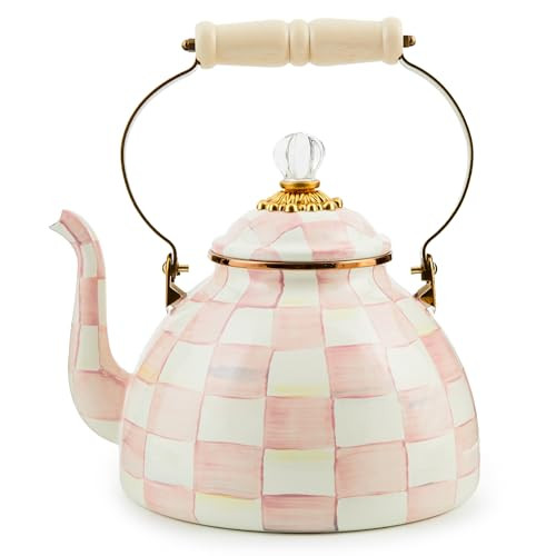 MACKENZIE-CHILDS Enamel Tea Kettle, Stylish Tea Kettle for Stovetop, Pink-and-White Rosy Check, 3 Quarts | Amazon (US)