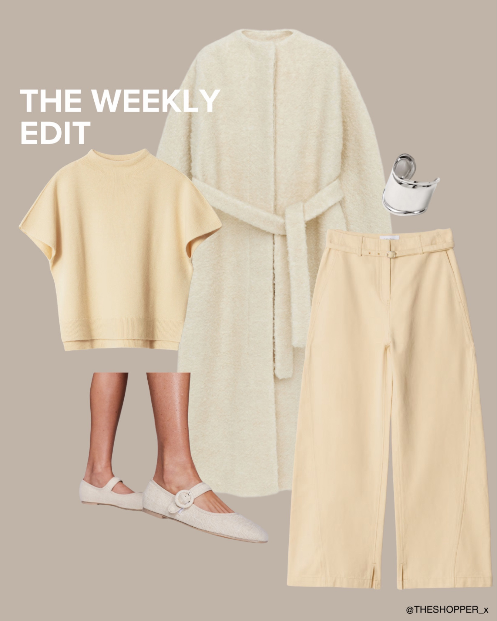 Boucle wool coat, sleeve wool top, buckle belt trousers, metallic wide bangle bracelet, griffin mary jane ballet flats in beige natural raffia 

#LTKwinter #LTKspring #LTKeurope