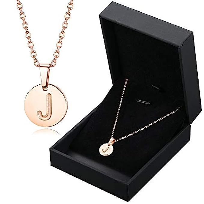 Adramata Initial Necklace Alphabet Pendant Small Disc Necklace Name Personalized Necklace Rose Gold | Amazon (US)