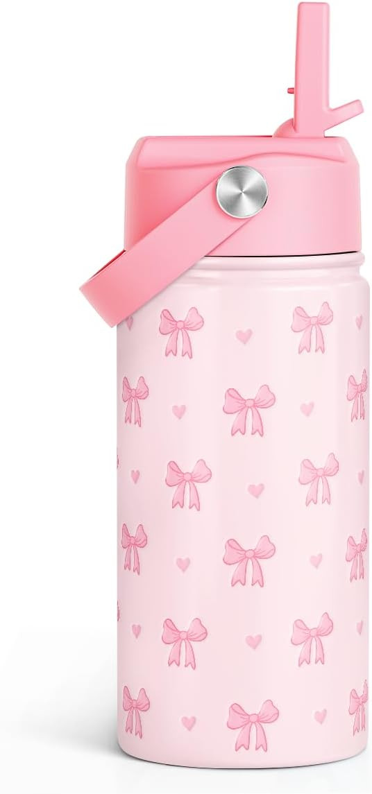 SANDJEST Bow Kids Water Bottle With Straw Lid 12oz Insulated Stainless Steel, Travel Tumbler, Pin... | Amazon (US)