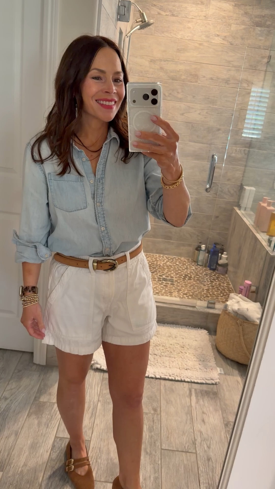 Classic, effortless vibes today with my button down chambray and white shorts. Neutral accessories and a good self tan in my legs 😂

#LTKmomlife #LTKootd #LTKOver40