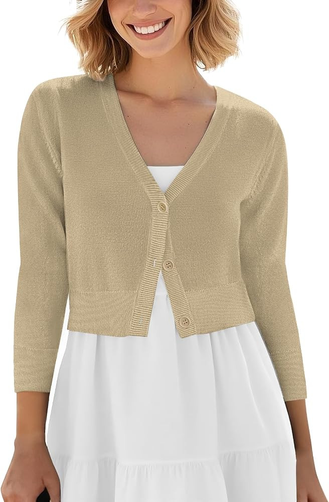Urban CoCo Women's Cropped Cardigan V-Neck Button Down Knitted Sweater 3/4 Sleeve | Amazon (US)