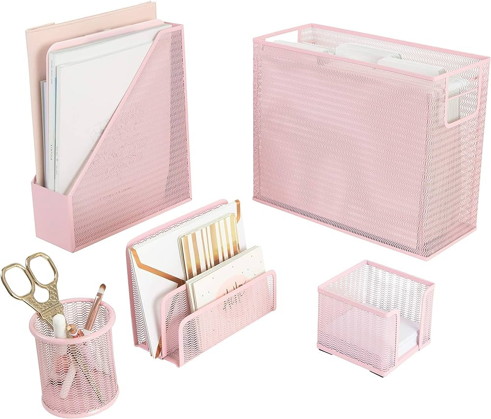BLU MONACO 5 Piece Office Supplies Pink Desk Organizer Set - with Desktop Hanging File Organizer,... | Amazon (US)