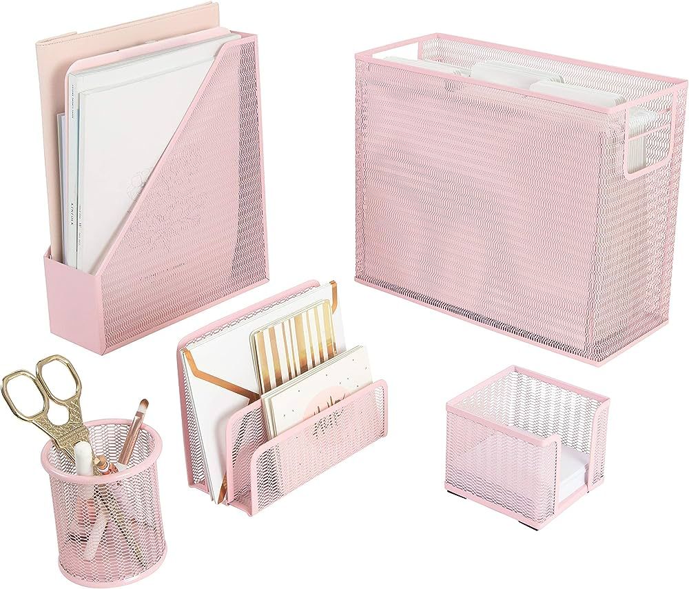 BLU MONACO 5 Piece Office Supplies Pink Desk Organizer Set - with Desktop Hanging File Organizer,... | Amazon (US)