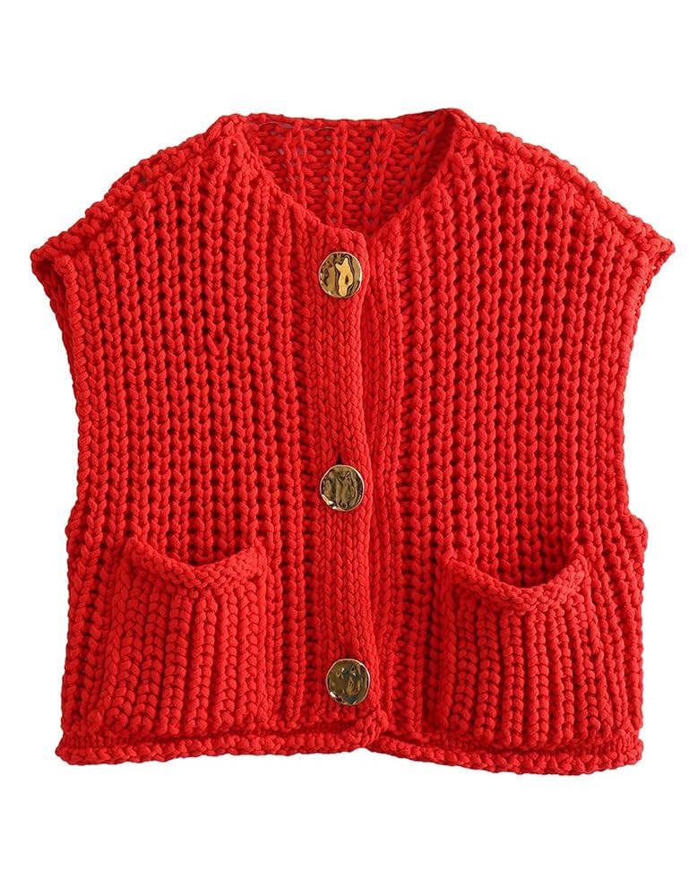 Bozanly Womens Chunky Knit Sweater Vest Cute Button Down Sleeveless Crop Crochet Cardigan Vest 20... | Amazon (CA)