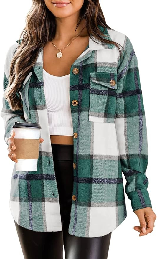 DOROSE Women's Long Sleeve Button Down Plaid Flannel Shirt Jackets Coats… | Amazon (US)