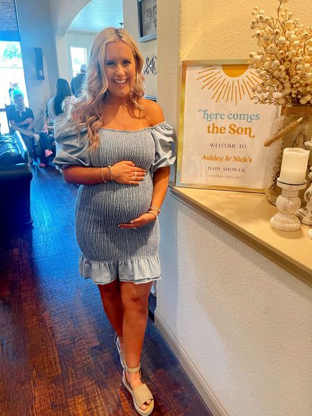 #babyshowerdress #PinkBlush #HereComesTheSun #32weeks #Mamaneckace #Smocked #DenimDress 