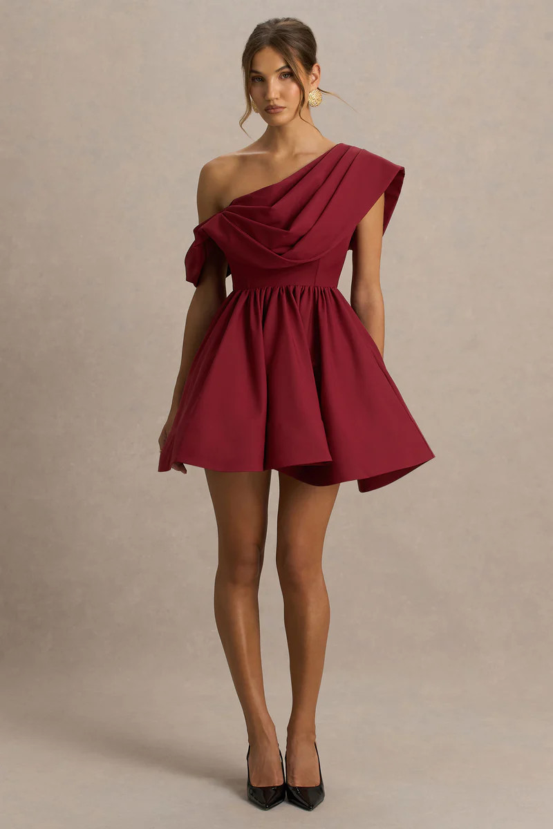 Verona | Burgundy Draped Asymmetric-Neck Skater Mini Dress | Club L London