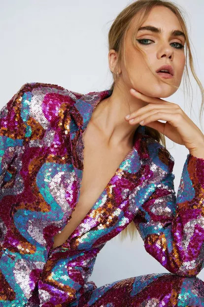 Wave Sequin Single Breasted Cinched Blazer | Nasty Gal (US)