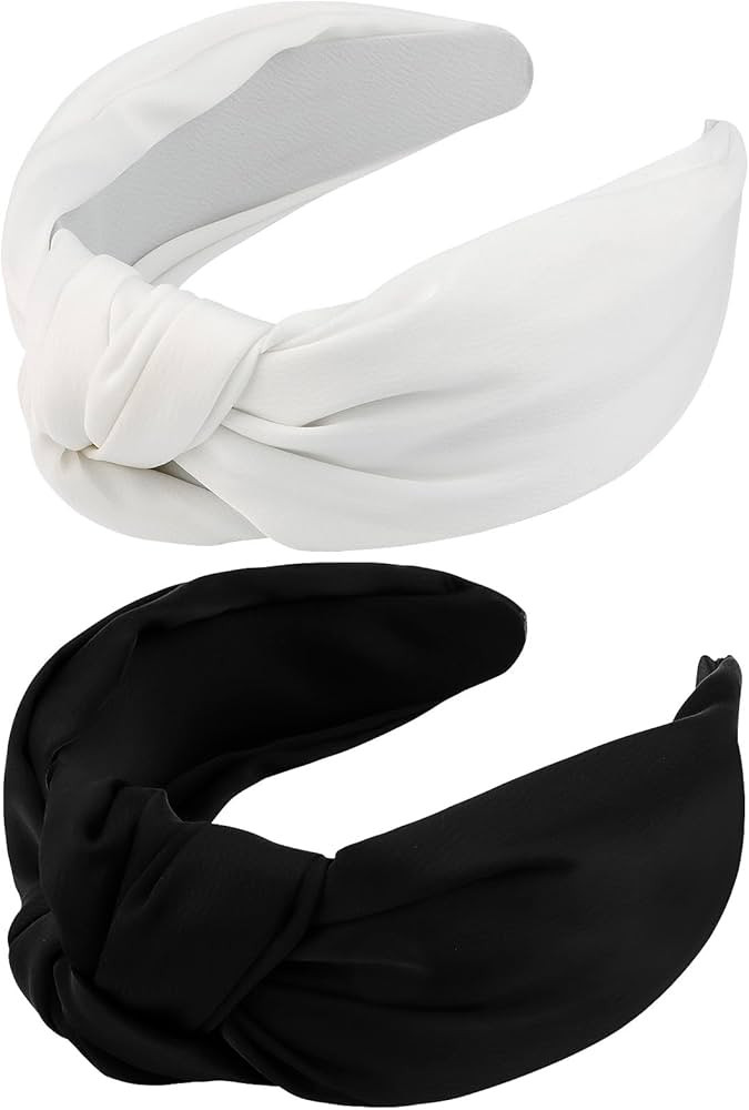 VELSCRUN 2 Pcs Wide Knotted Headbands for Women - Black & White Solid Head Bands for Top Knots, W... | Amazon (US)