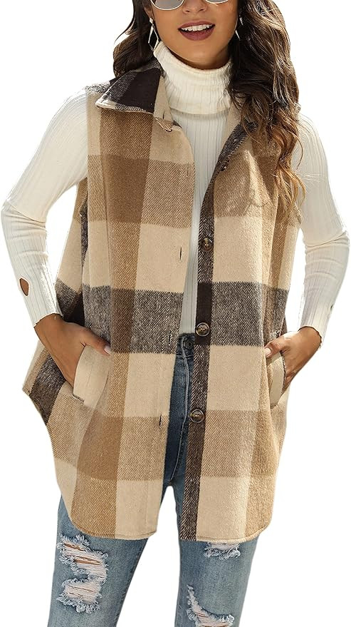 UANEO Womens Fall Flannel Plaid Vest Button Down Sleeveless Shirt Jacket With Pockets | Amazon (US)