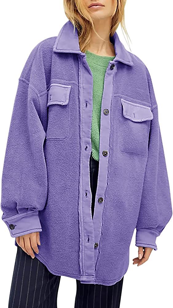 Womens Oversized Long Sleeve Button Down Shirt Jacket Soft Comfy Casual Shacket Coats with Pocket... | Amazon (US)