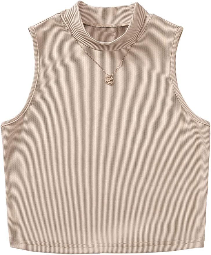 SheIn Women's Casual Mock Neck Sleeveless Crop Tank Top Rib Knit Solid Vest | Amazon (US)