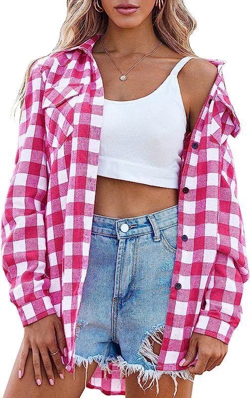 Zeagoo Womens Flannel Shirts Long/Roll Up Sleeve Collared Button Down Plaid Shirt Casual Work Top... | Amazon (US)