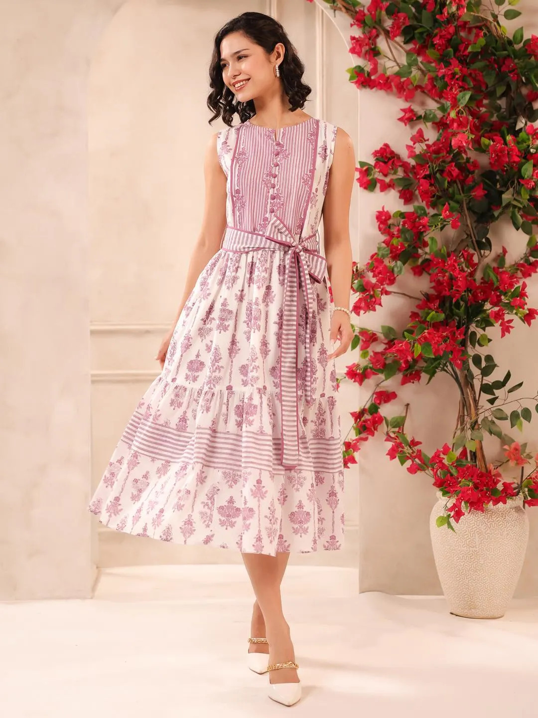 Hand Block Printed Dress | Summer Midi Dress | Cotton Floral Dress | White & Pink Dress| Handmade... | Etsy (US)