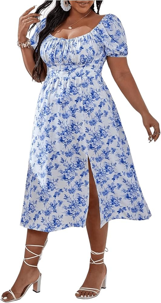 Floerns Women's Plus Size Floral Print Tie Front Square Neck Slit Hem Midi Dress | Amazon (US)