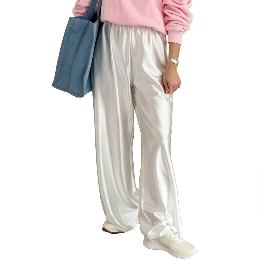 Women Satin Wide Leg Dress Pants Silk Casual Dressy Long Flowy Pants Elastic High Waisted Trouser... | Amazon (US)