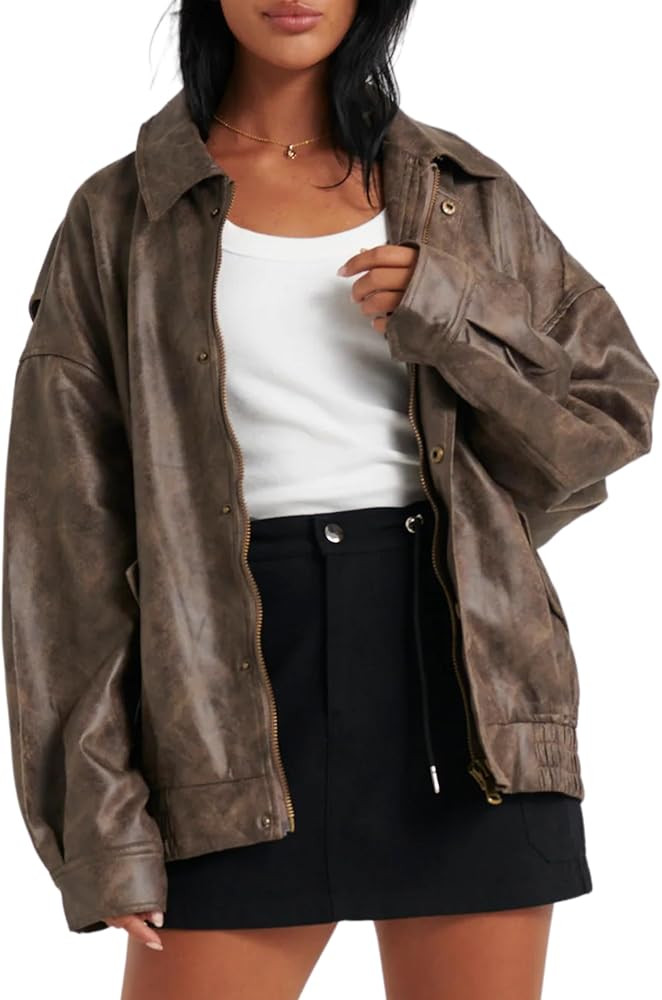 Women's Faux Leather Jacket Zip Up Short Fitted Slim Coat Bomber Jacket Women | Amazon (US)