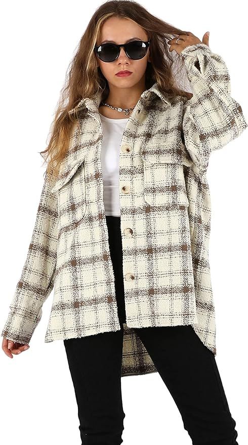 Qiaomai Women's Tweed Plaid Wool Blend Lapel Button Midi Pocketed Shacket Overshirt | Amazon (US)