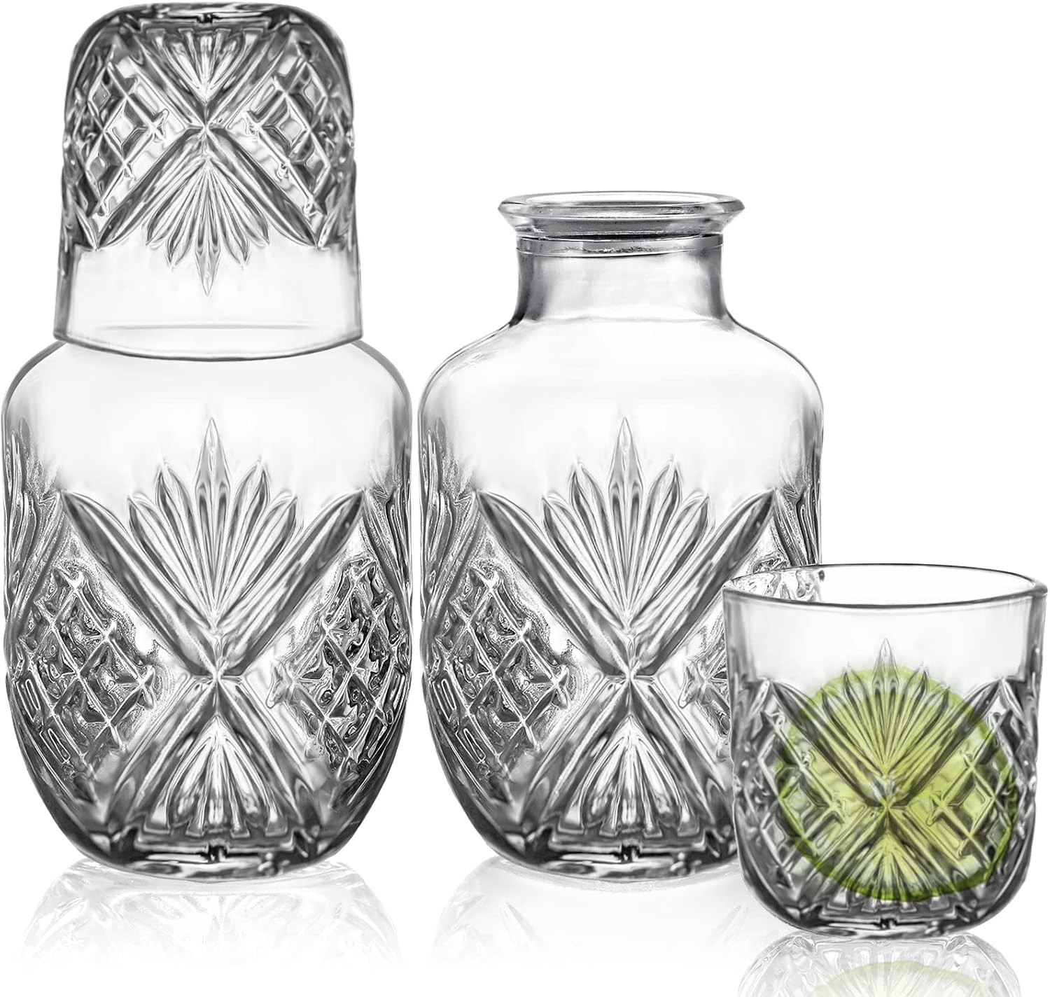 4 Pieces Bedside Water Carafe and Glass Set for Bedroom Nightstand, 18 OZ Vintage Night Water Carafe Juice Pitcher with Tumbler Cup, Glass Mouthwash Decanter for Bathroom | Amazon (US)