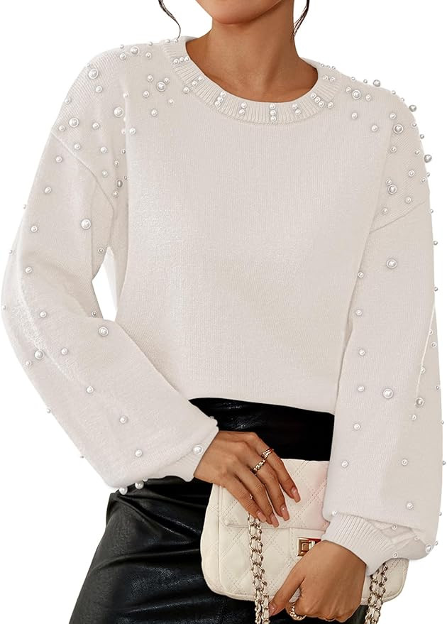 Pink Queen Pearl Sweater for Women 2025 Fashion Fall Winter Chunky Crewneck Lantern Sleeve Loose ... | Amazon (US)