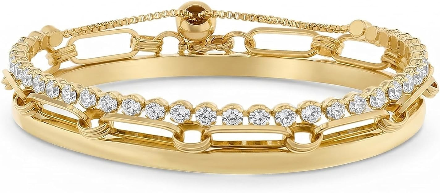 Waterproof Bracelet Set 14K Yellow Gold Plated Brass Cubic Zirconia Tennis Bracelets for Women Je... | Amazon (US)