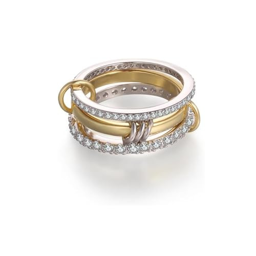 Chunky Stackable Cubic Zirconia Rings For Women, 18k Gold Plated 3 Rings Set Multi-Link Connected Non Tarnish Gift Jewelry (2 CZ+1 Polish, 9) | Amazon (US)