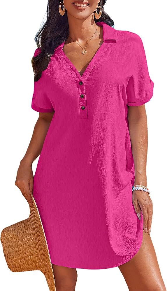 AI'MAGE Beach Cover Ups for Women Short Sleeve Swimsuit Coverup Button Down Bikini Bathing Suit C... | Amazon (US)